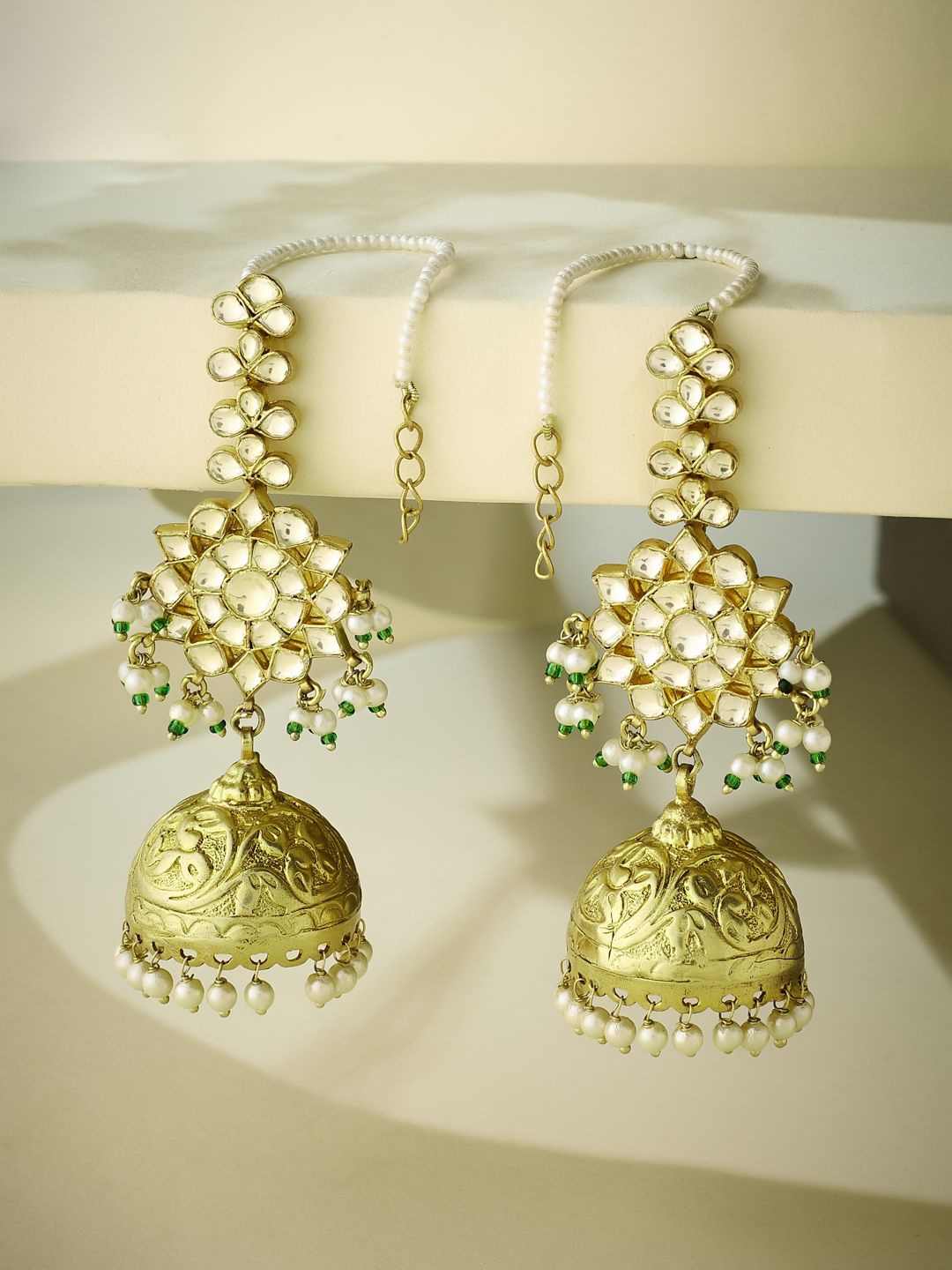 Yinara Gold-Plated Dome Shaped Jhumkas Kundan Studded Jadau Earrings