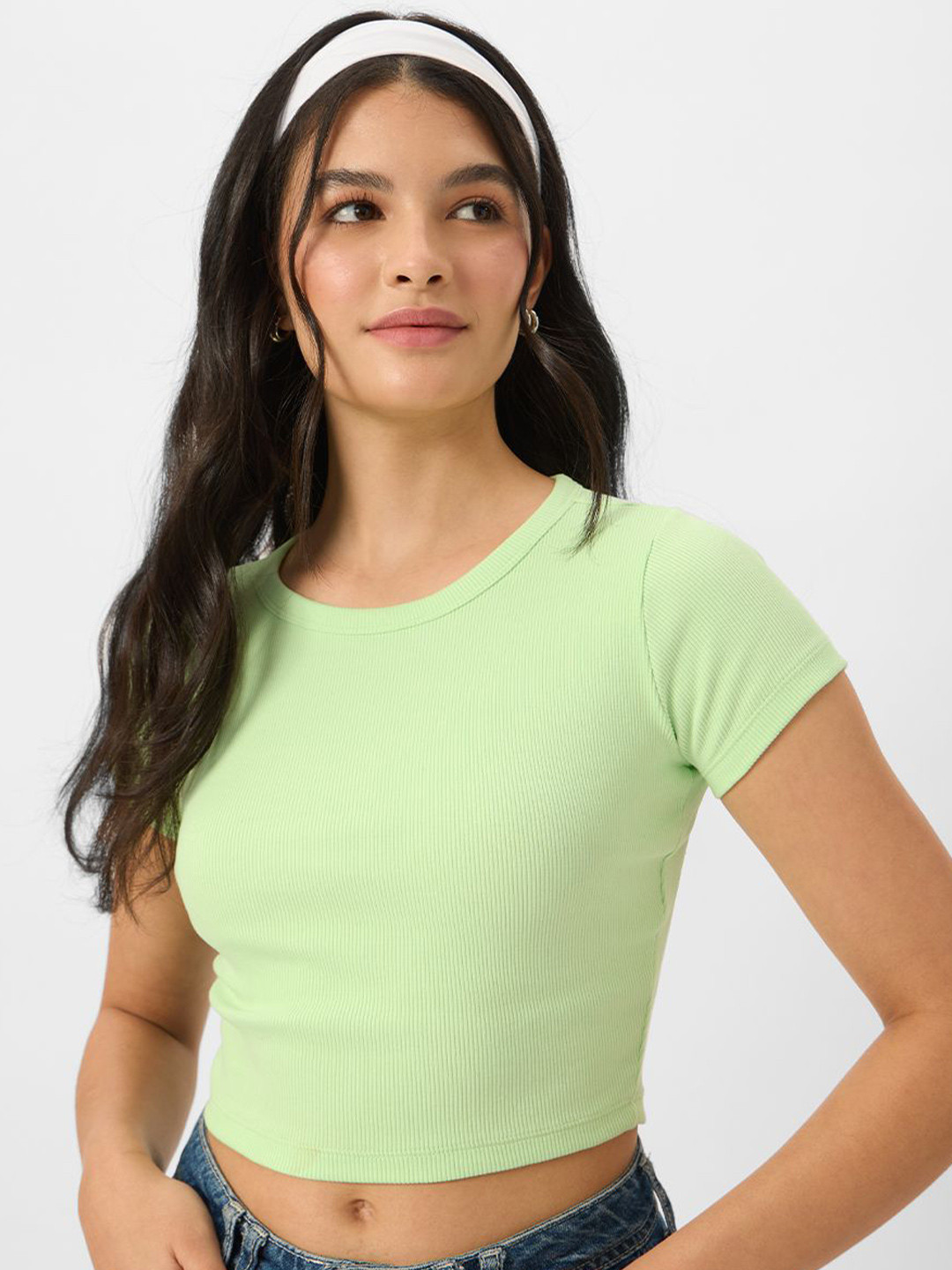 

The Souled Store Women Round Neck Crop Top, Green