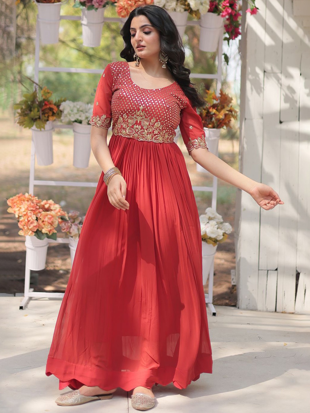

Fashionuma Women Embroidered Round Neck Fit & Flare Ethnic Dress, Red