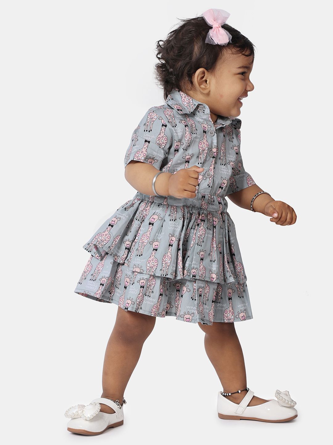 

Piccolo Piglet Girls Cotton Animal Print Fit & Flare Dress, Grey