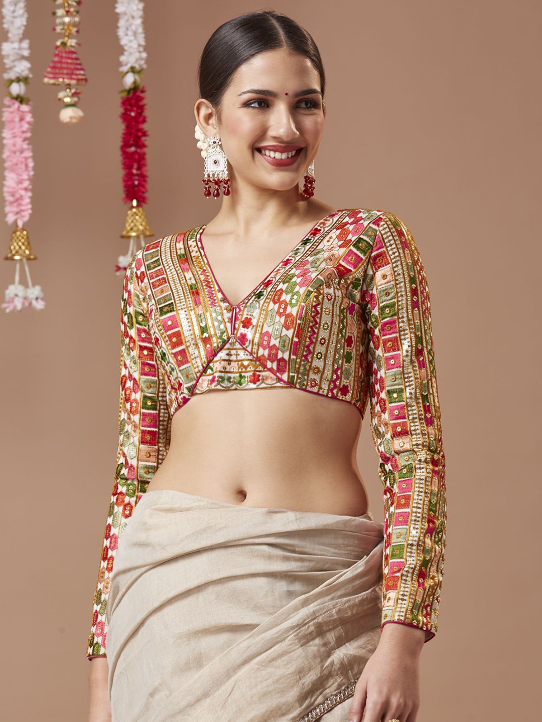 

SALWAR STUDIO Embroidered Long Sleeve Saree Blouse, White