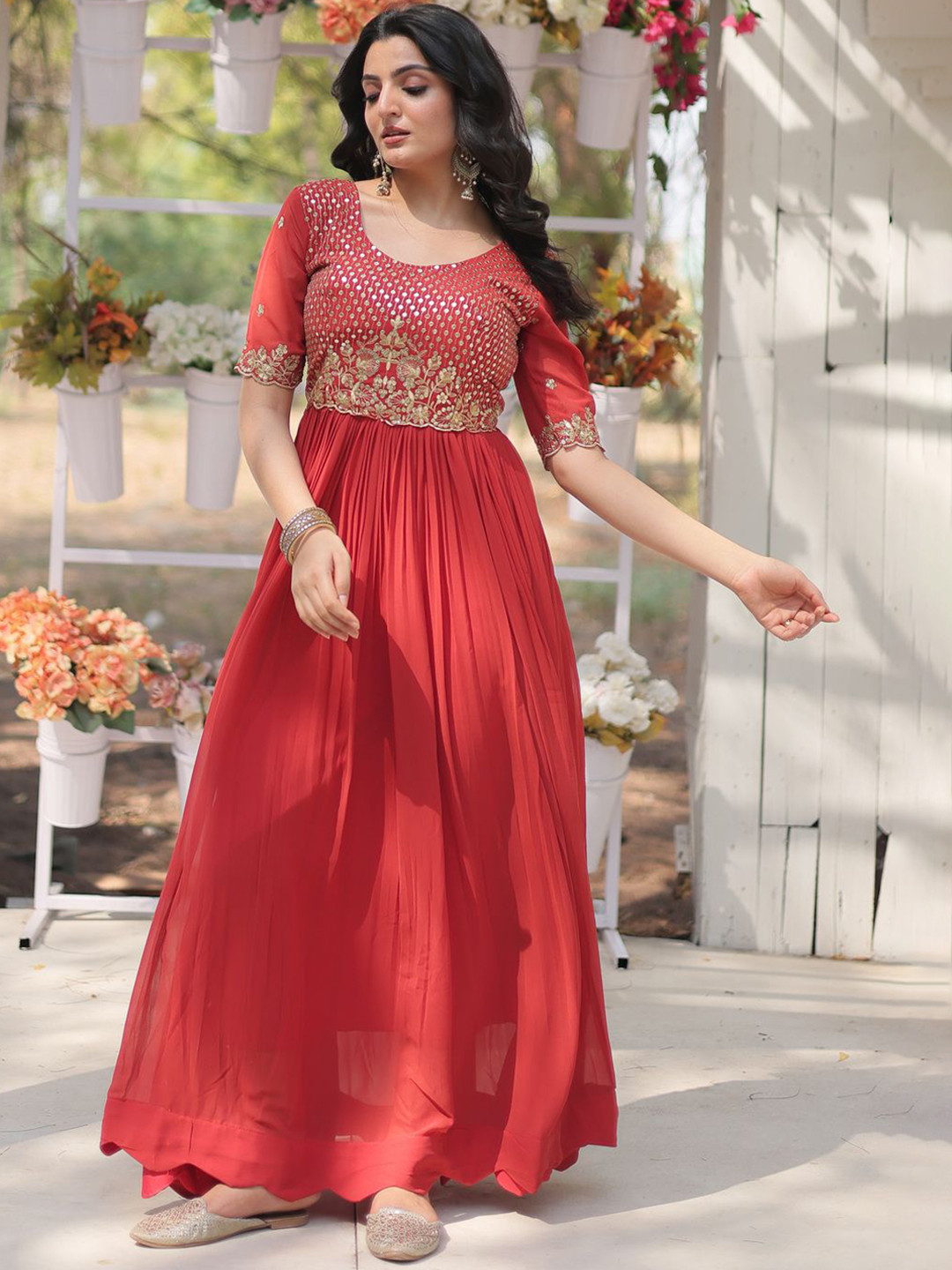 

YOYO Fashion Women Embroidered Fit & Flare Ethnic Dresses, Red