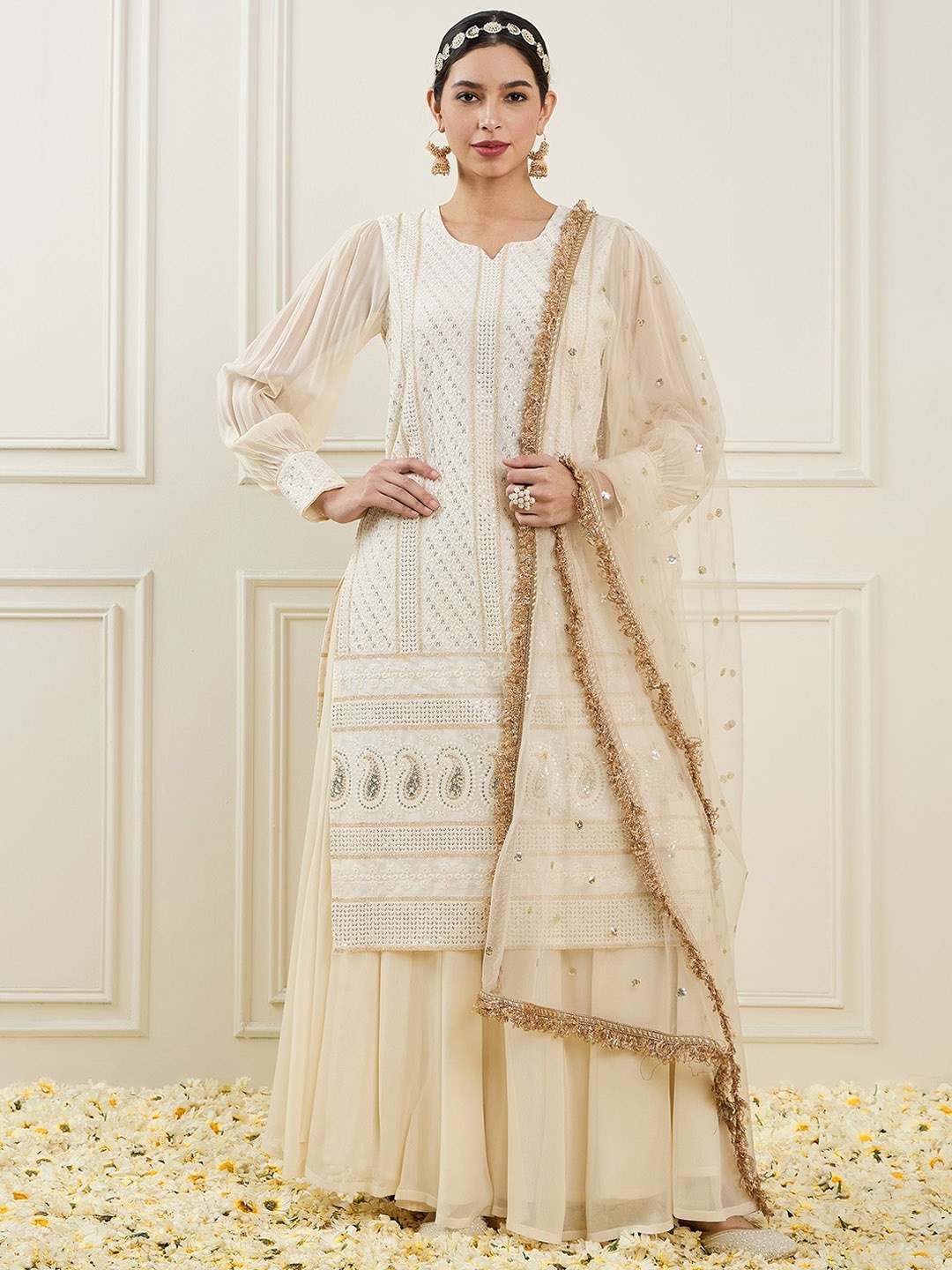 

ADORNIA Ethnic Motifs Embroidered Sequinned Straight Kurta With Palazzos & Dupatta, White