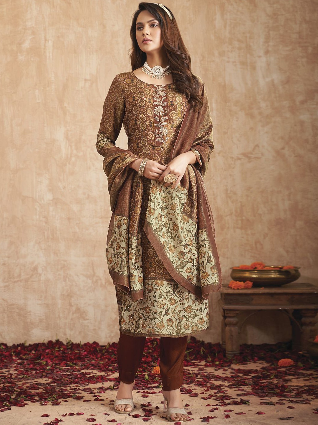 

Stylee LIFESTYLE Floral Printed Sequinned Unstitched Dress Material, Brown