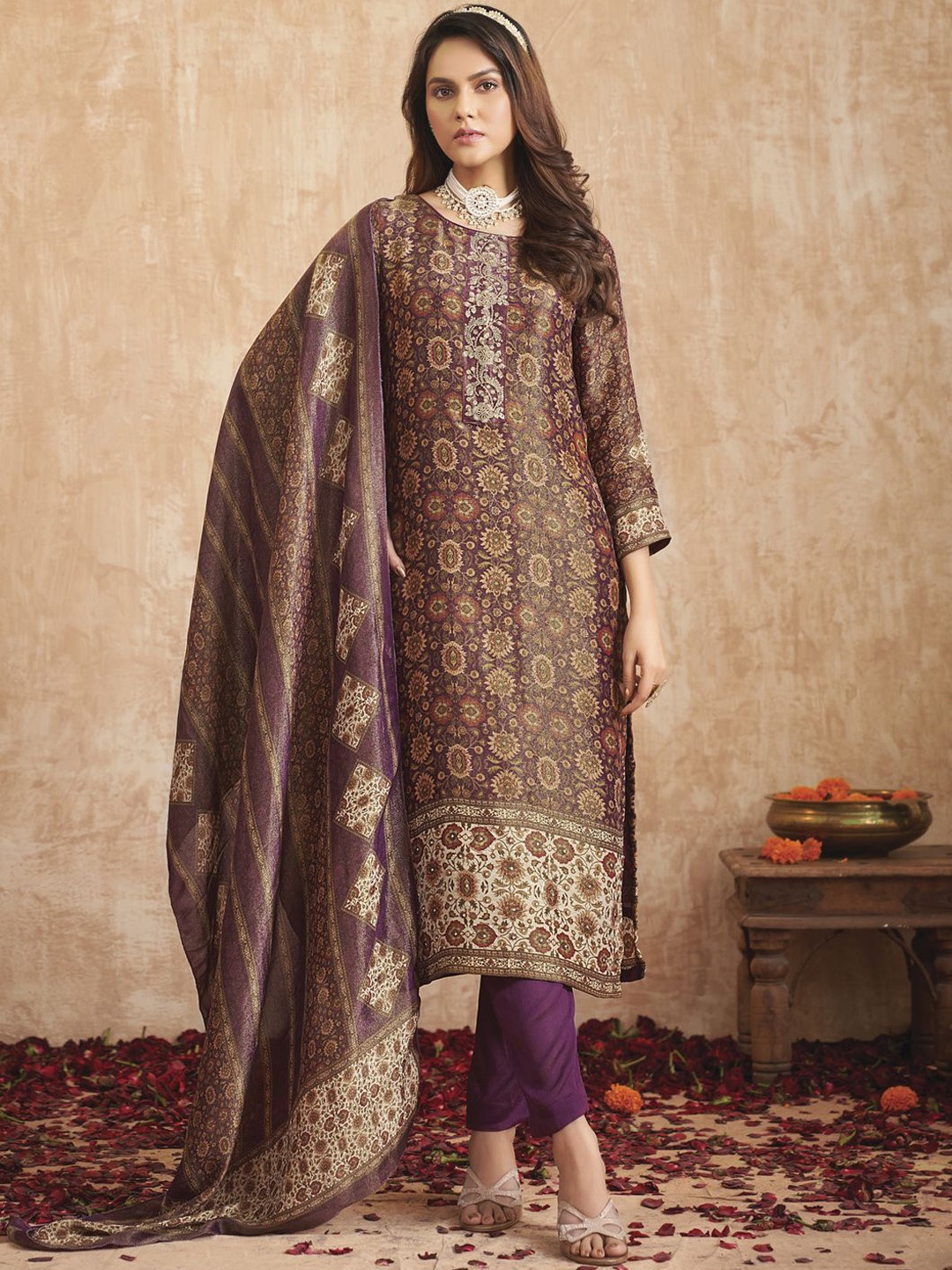 

Stylee LIFESTYLE Floral Printed Sequinned Unstitched Dress Material, Purple