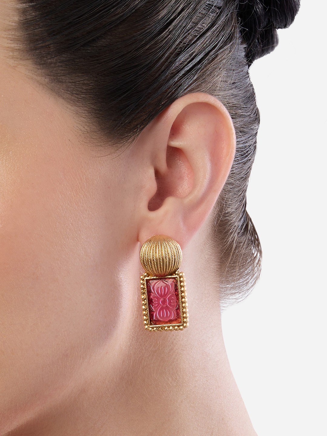 

Zaveri Pearls Gold-Plated Contemporary Stone Studded Drop Earrings, Pink