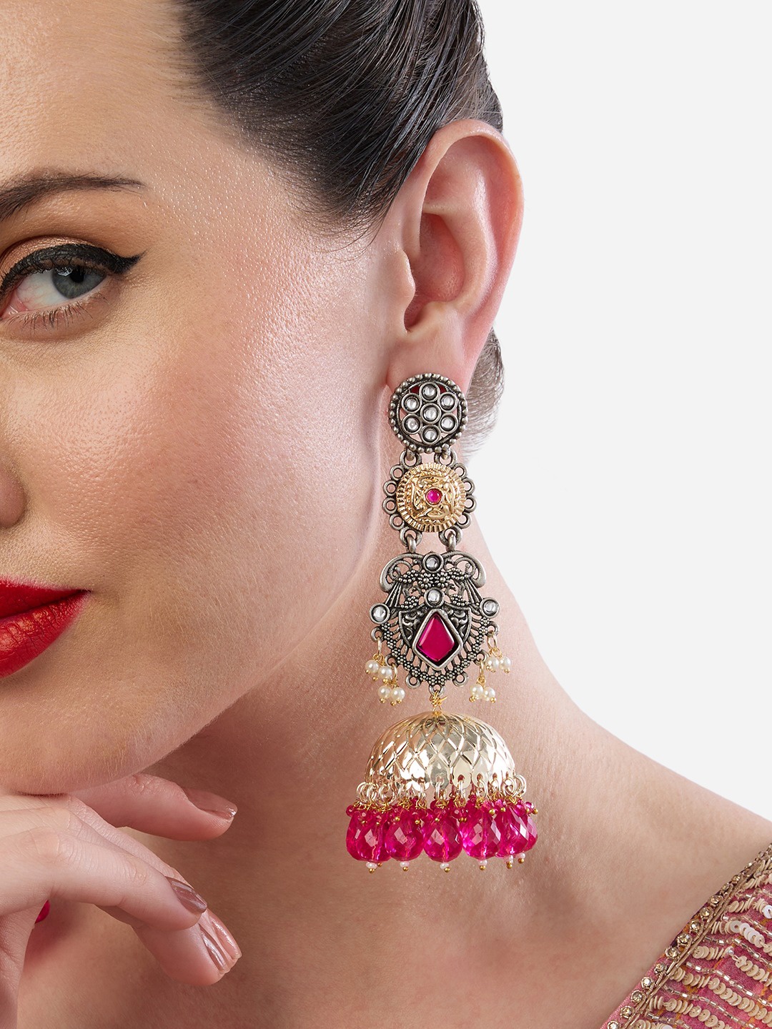

Zaveri Pearls Gold-Plated Dome Shaped Stone Studded & Beaded Antique Jhumkas, Silver