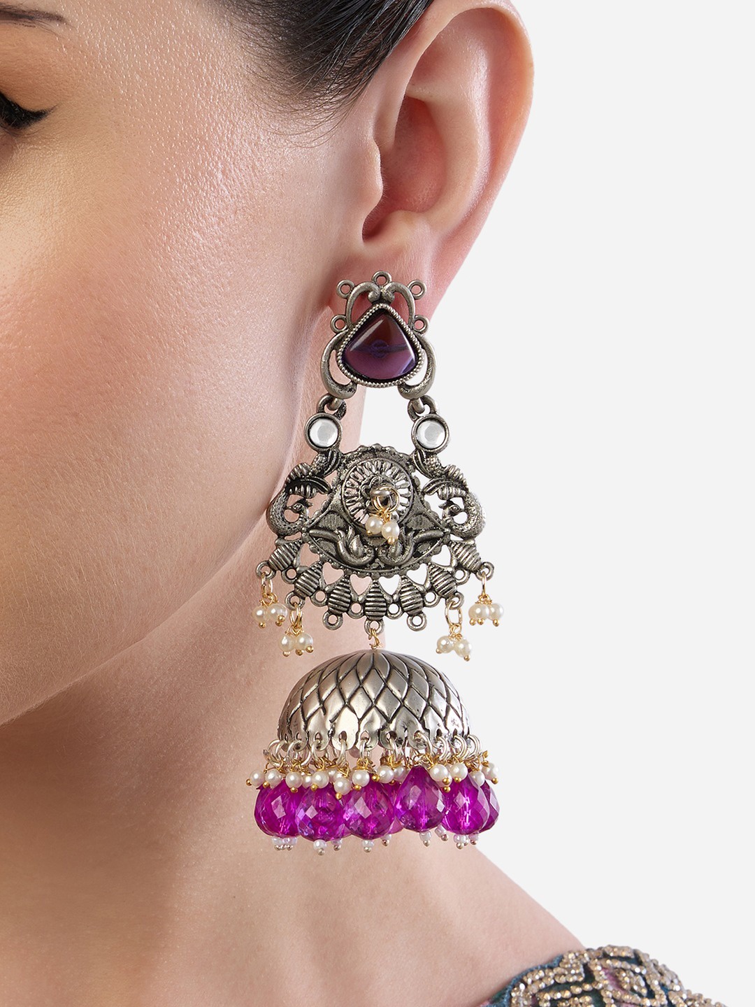

Zaveri Pearls Silver-Plated Dome Shaped Stone Studded & Beaded Antique Jhumkas