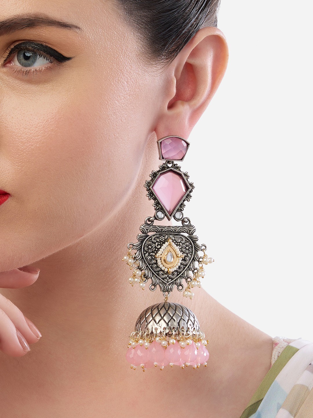

Zaveri Pearls Silver-Plated Dome Shaped Stone Studded & Beads Two Tone Antique Jhumkas