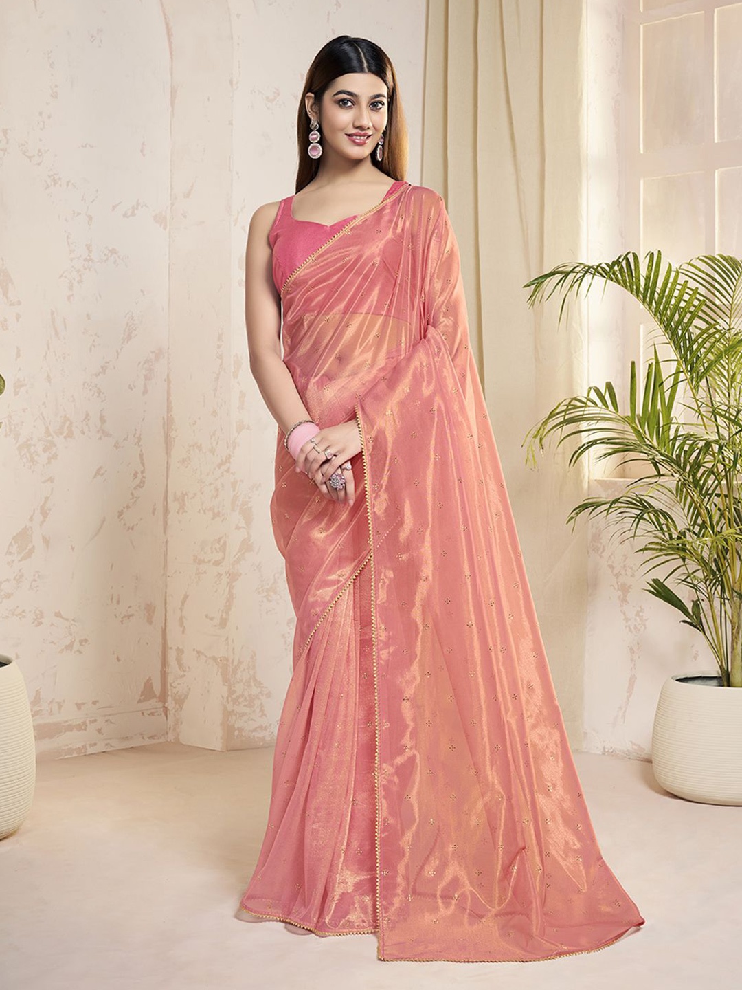 

Inddus Embellished Mukaish Saree, Pink