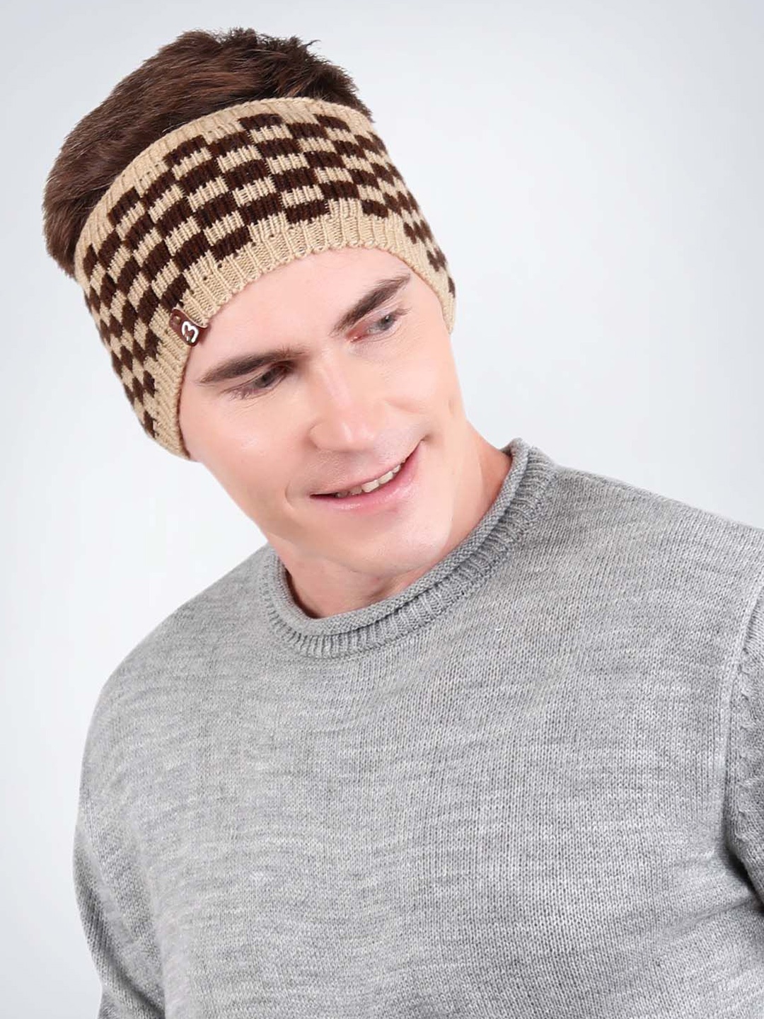 

Bharatasya Checked Knitted Warm Headband, Brown