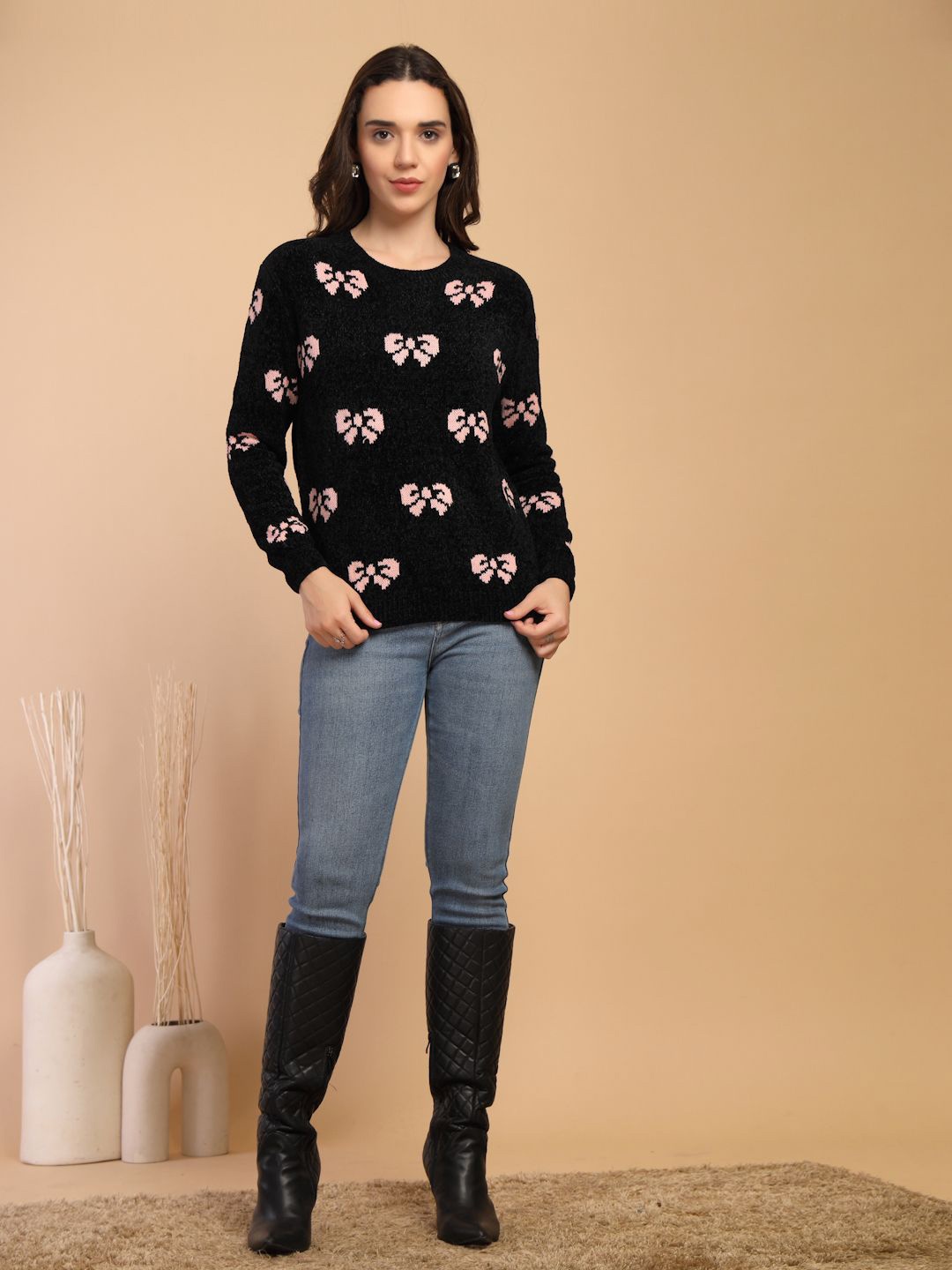 Gipsy Women Floral Round Neck Pullover Sweater, Black