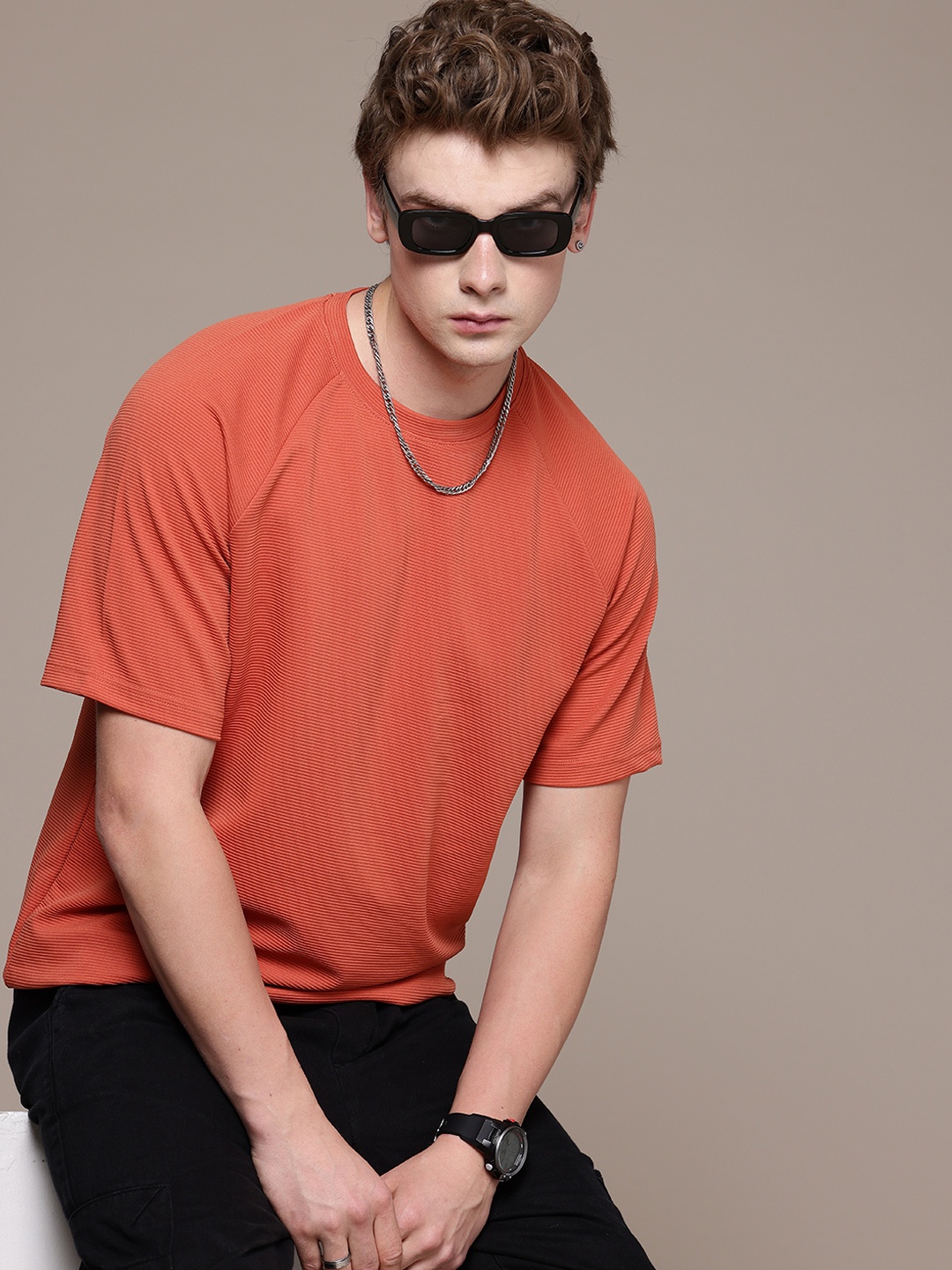 

FCUK Self Design Textured Oversized T-shirt, Rust