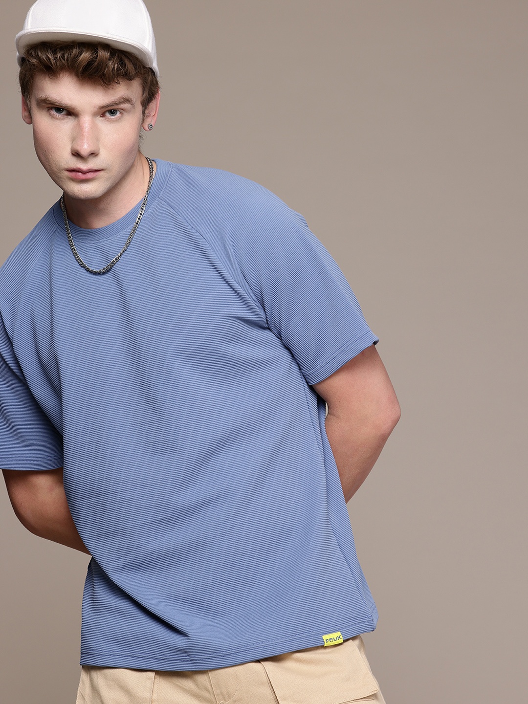 

FCUK Self Design Textured Oversized T-shirt, Blue