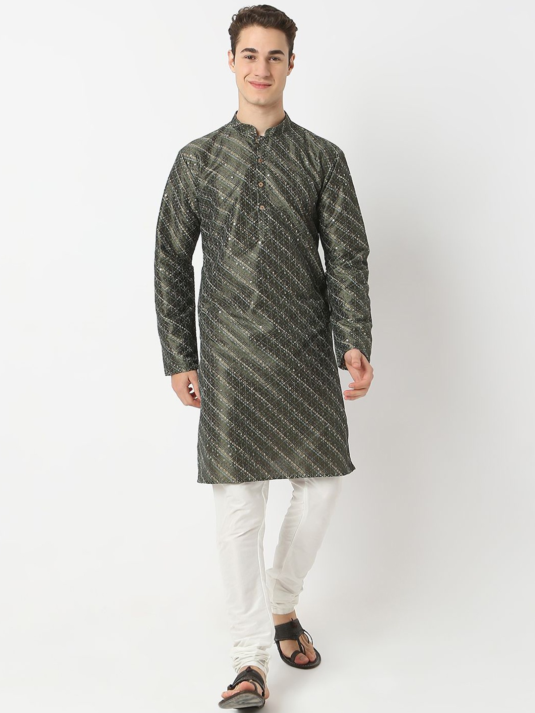 

BELLAZO Striped Mandarin Collar Sequinned Straight Kurta, Green