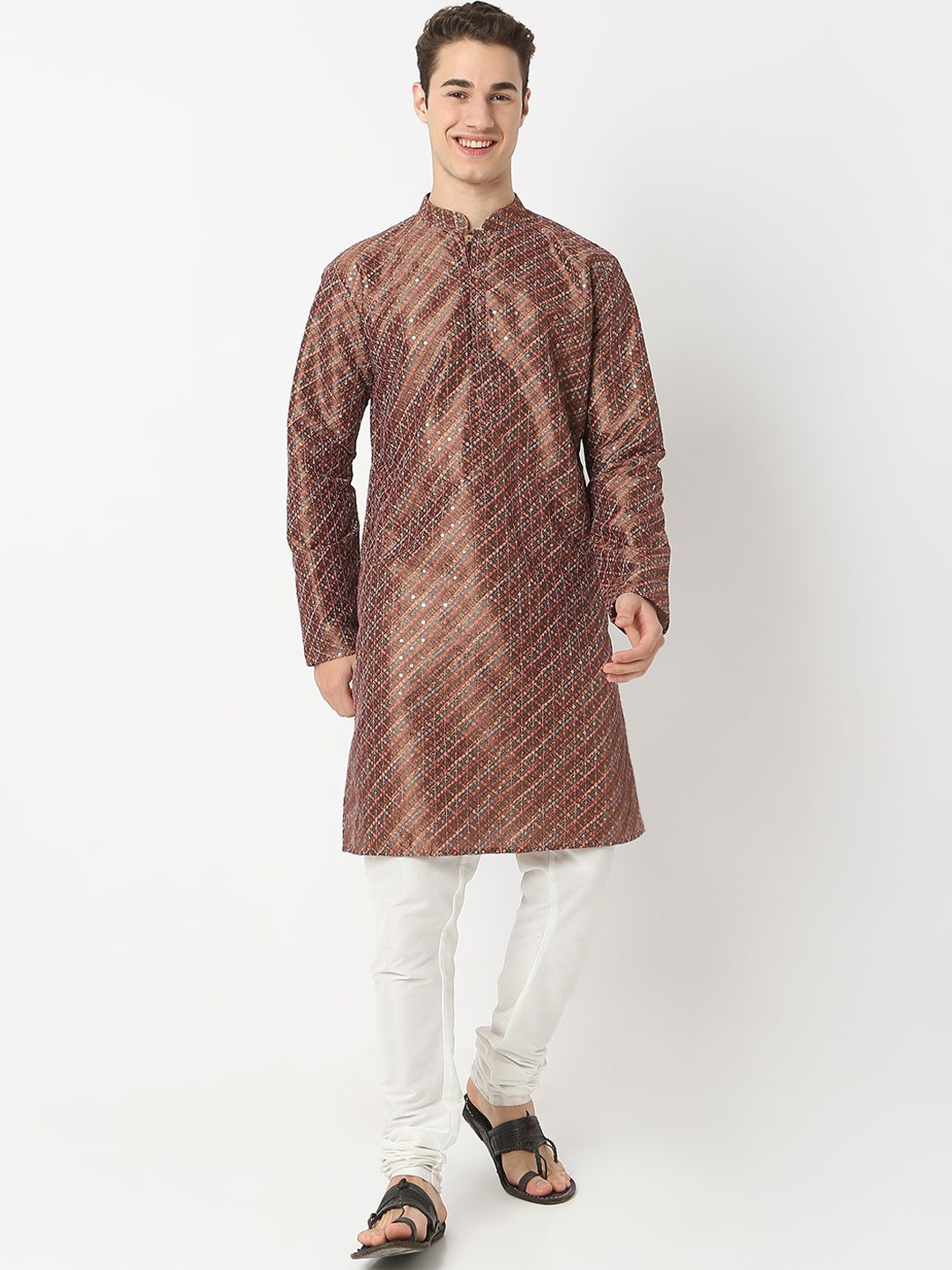 

BELLAZO Mandarin Collar Striped Embellished Sequinned Straight Kurta, Bronze