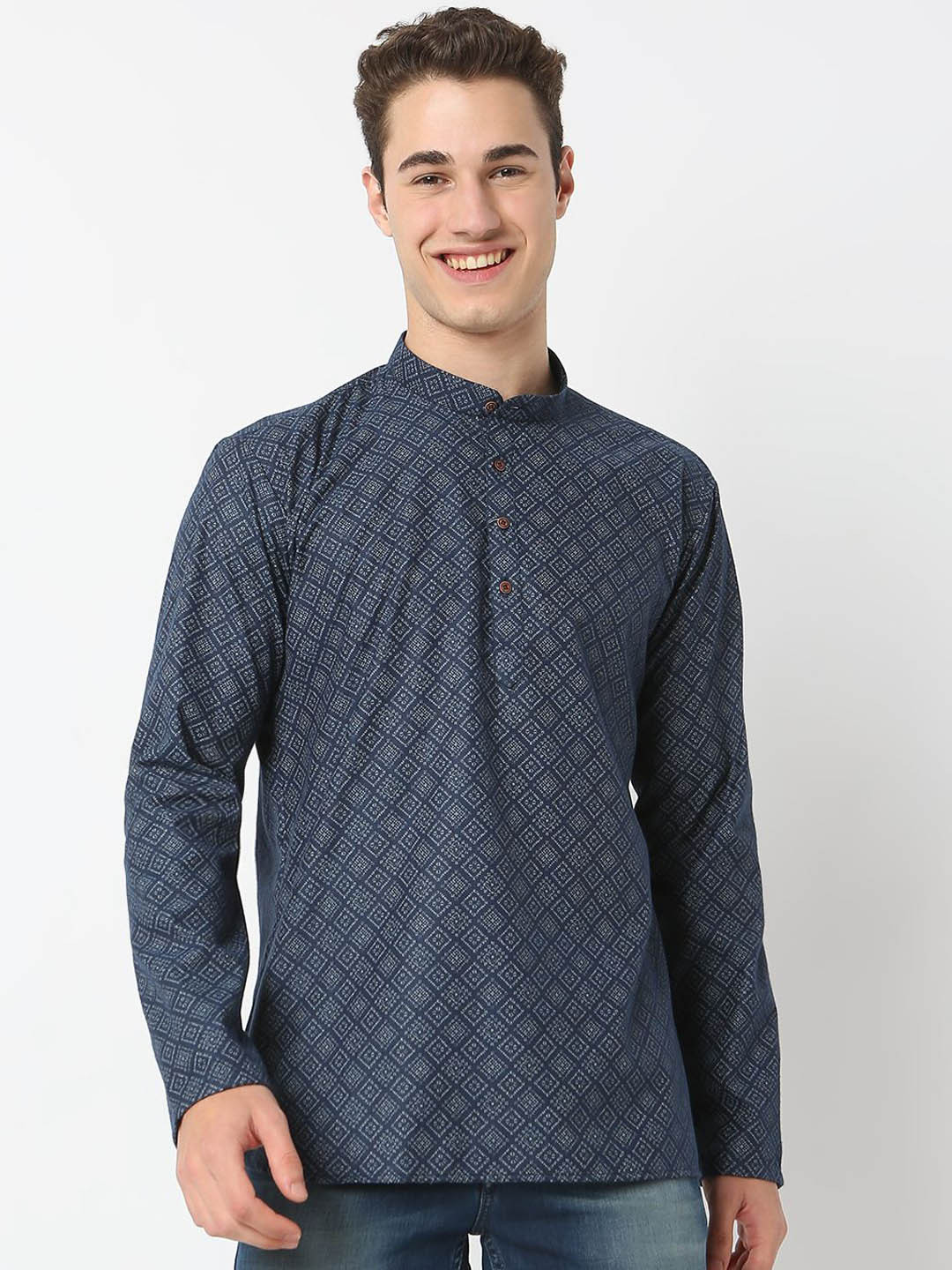 

BELLAZO Geometric Printed Mandarin Collar Pure Cotton Straight Kurta, Blue