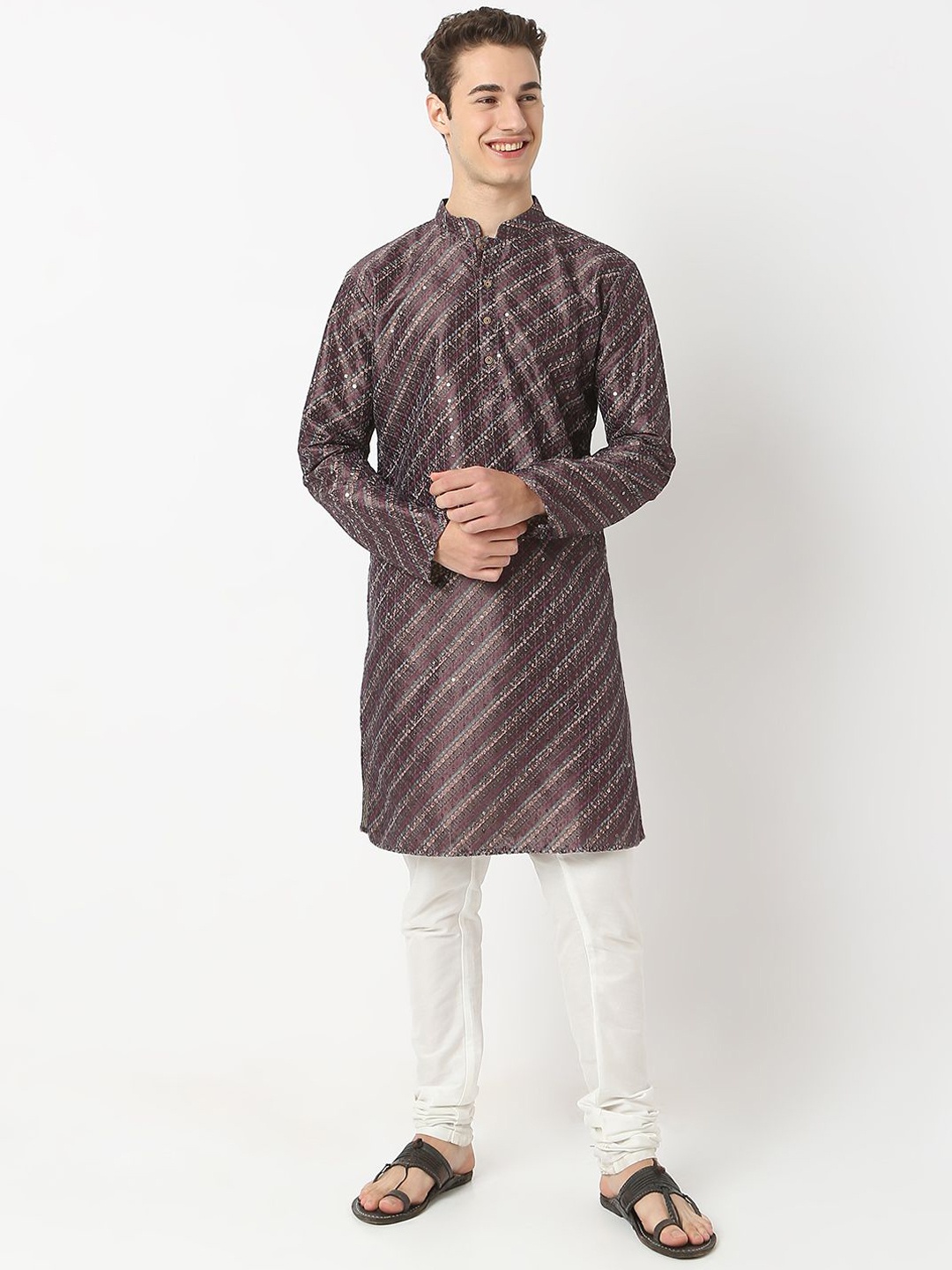 

BELLAZO Mandarin Collar Striped Embellished Sequinned Straight Kurta, Purple