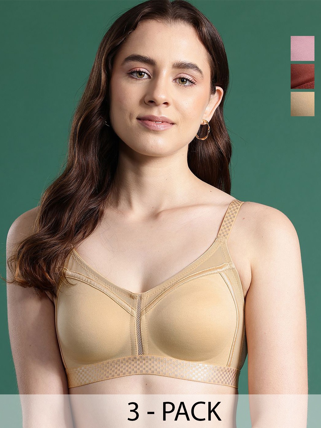 

DressBerry Women Pack of 3 Non Padded Non-Wired Full Coverage Seamless Bra, Rose