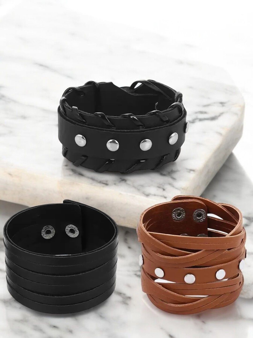 

The Roadster Lifestyle Co. Classic Set Of 3 Men Leather Wraparound Bracelets, Tan