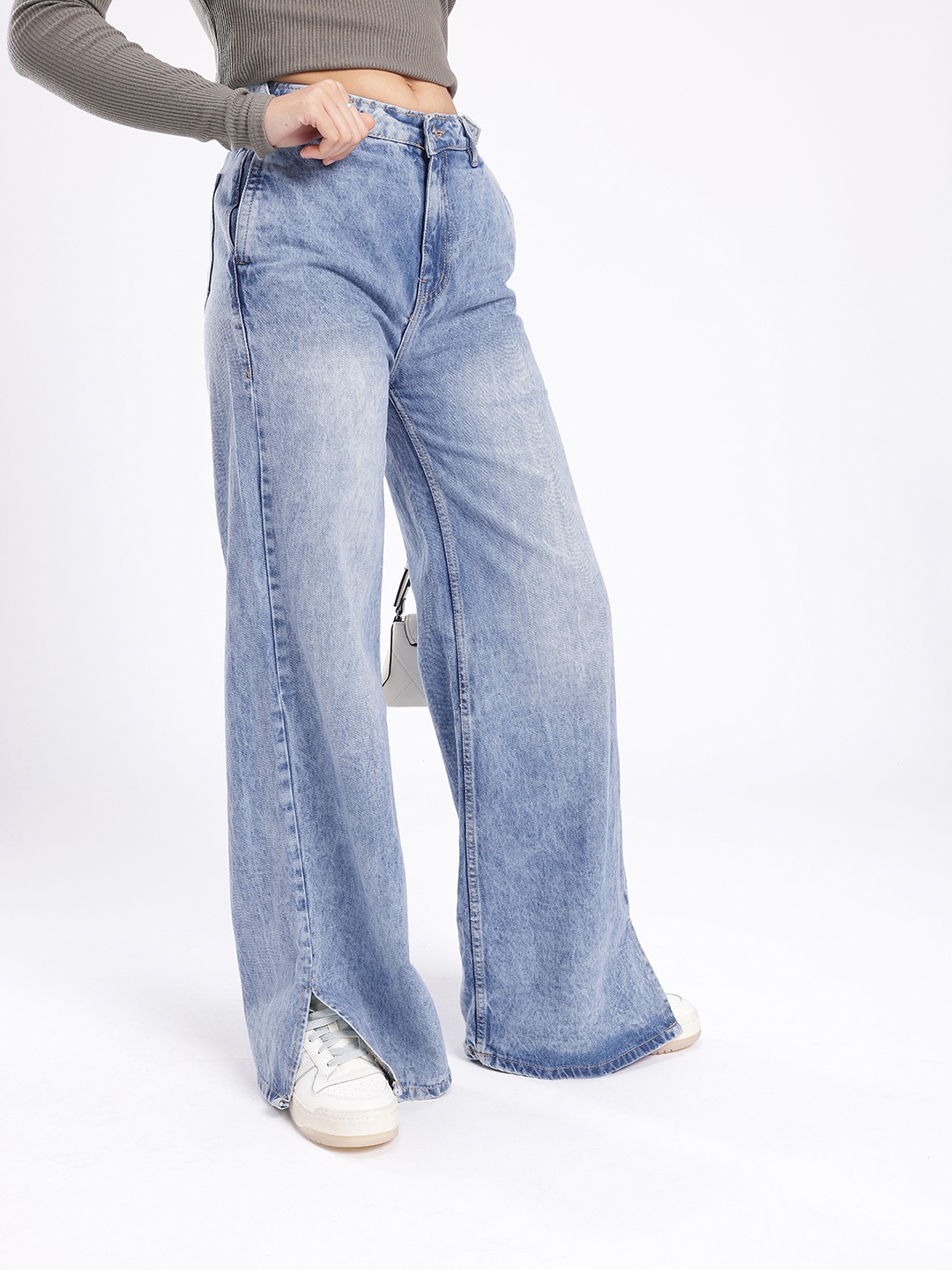 

glitchez Women Edgy Cool Wide Leg Heavy Fade Jeans With Slits, Blue