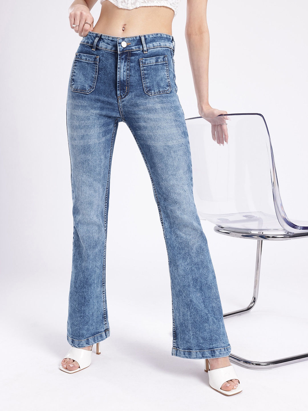 

glitchez Women Classic Vibe Bootcut Heavy Fade Stretchable Jeans, Blue