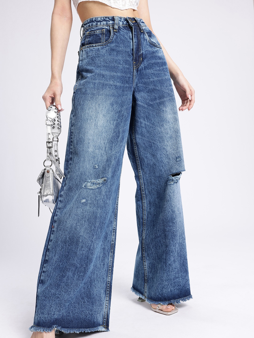 

glitchez Women Downtown Chic Relaxed Fit High-Rise Ripped Jeans, Blue