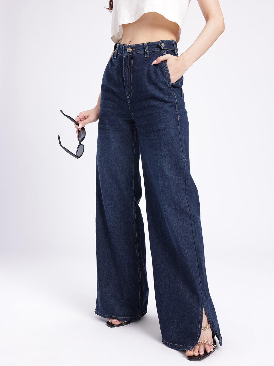 

glitchez Women Timeless Classic Wide Leg Slit Stretchable Jeans, Blue