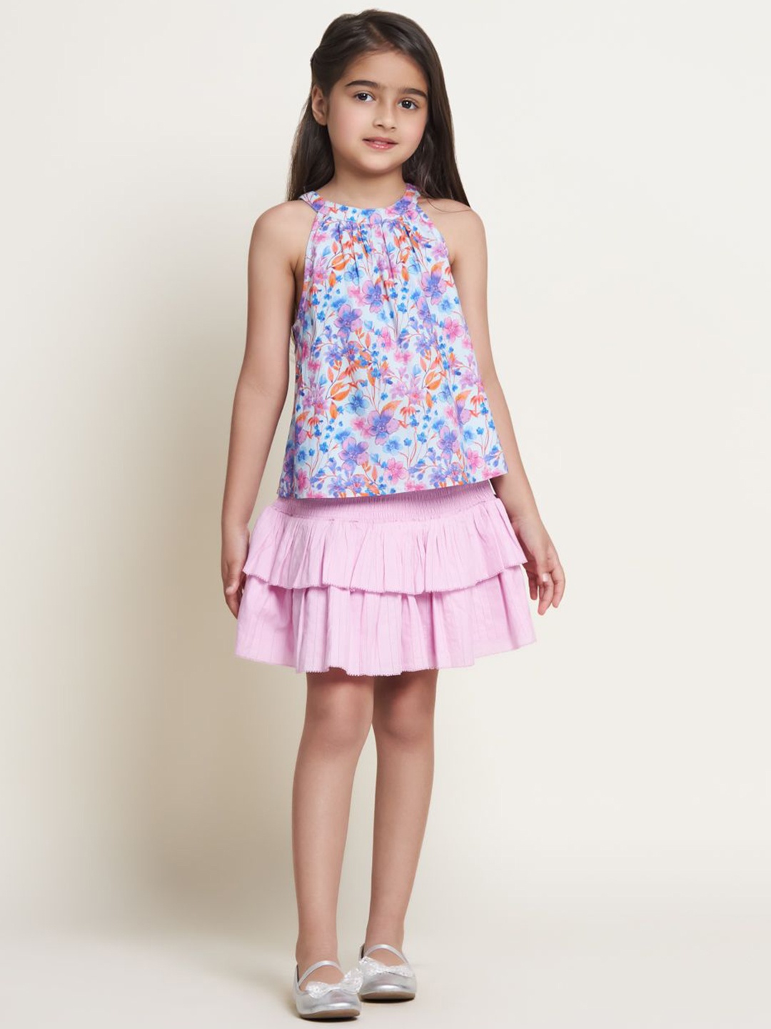 

BAESD Girls Tiered Smocked Knee Length Pure Cotton Skirt, Pink