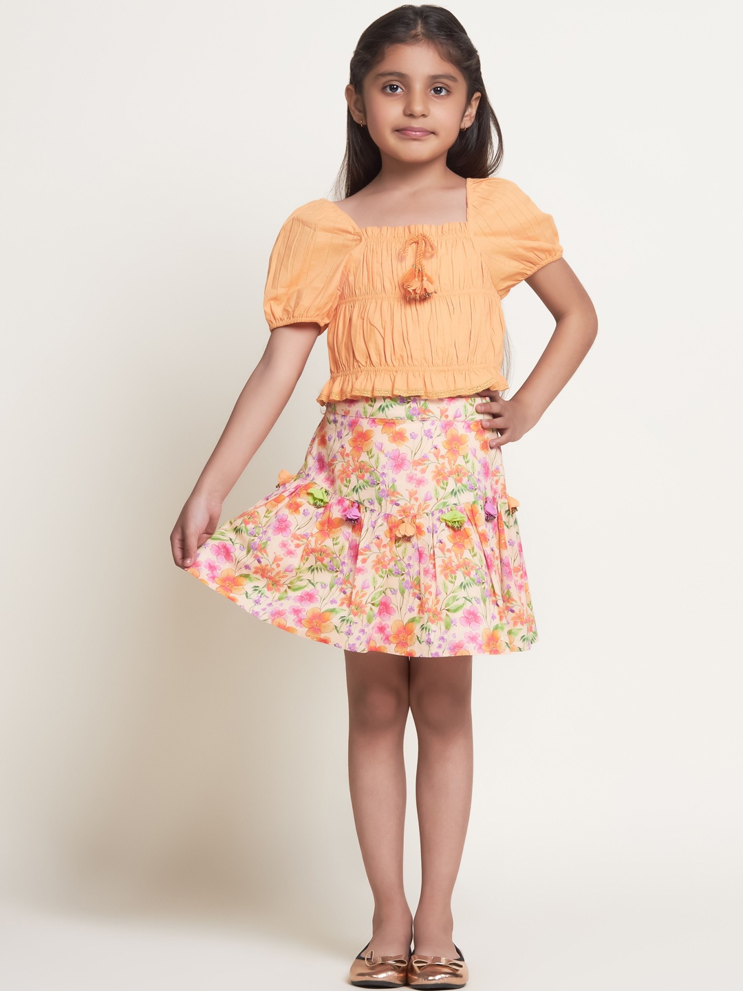 

BAESD Girls Printed Pure Cotton Flared Above Knee Skirt, Orange