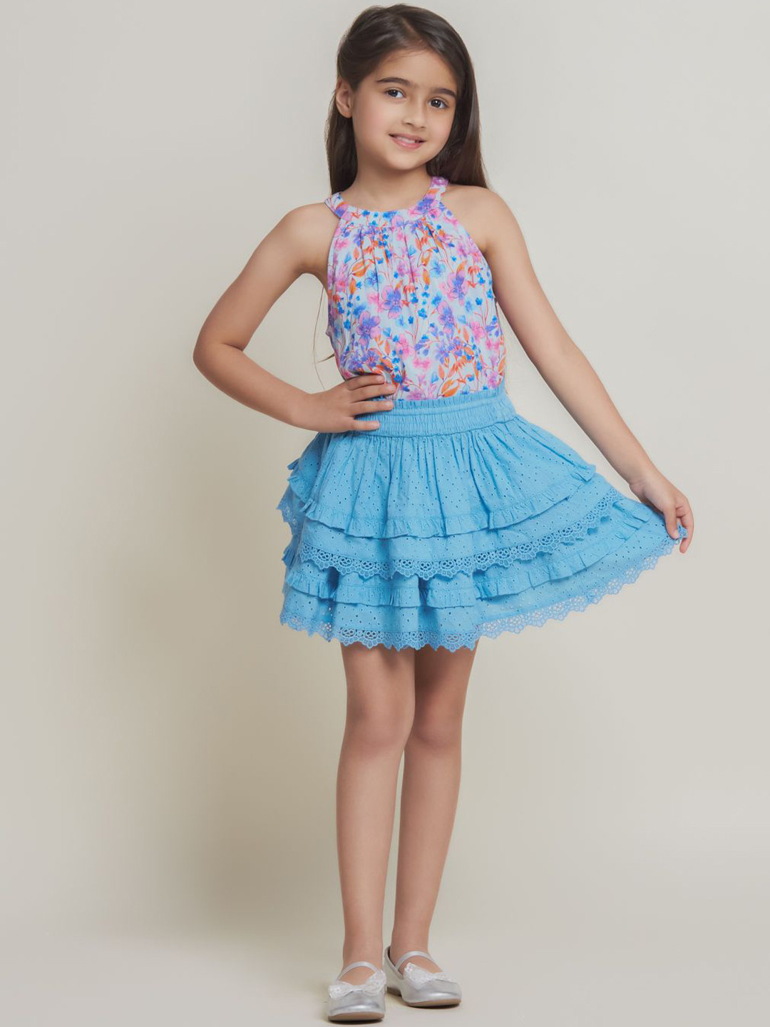 

BAESD Girls Schiffli Flared Pure Cotton Mini Skirt, Blue