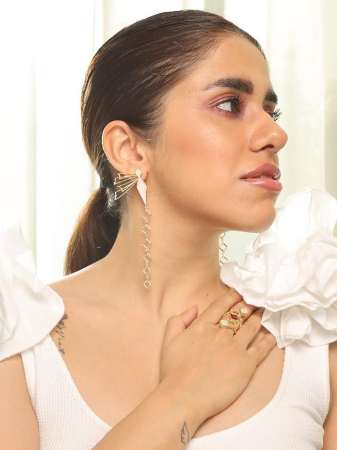 

Varnika Arora Gold-Plated Geometric Mother of Pearl Drop Earrings, Pink