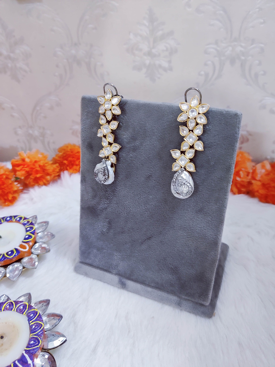 STYLE DECO Gold-Plated Cocktail Stone Studded Drop Earrings