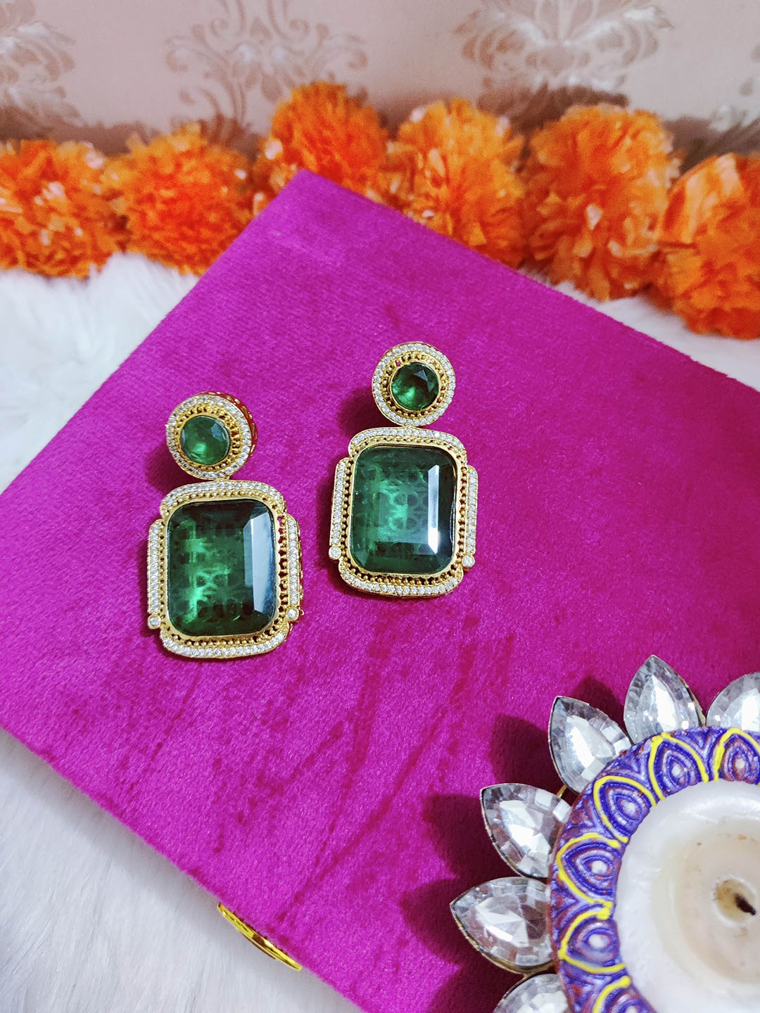 STYLE DECO Gold Plated CZ Studded Contemporary Studs