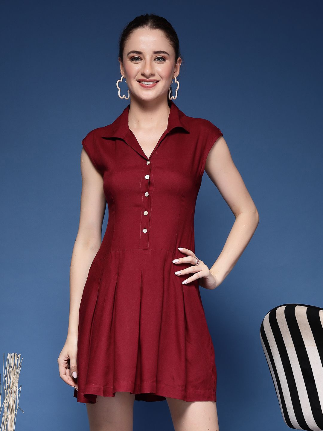 GLAMALUE Women Cap Sleeves Shirt Dress, Maroon