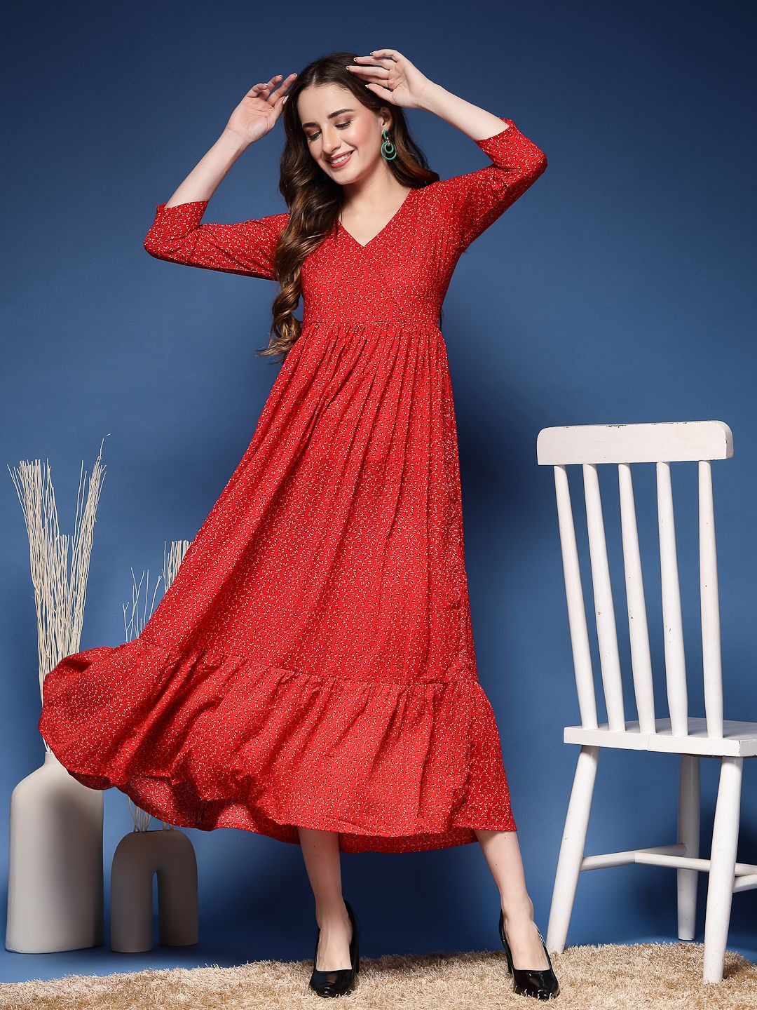 GLAMALUE Women Floral Printed Maxi Dress, Red