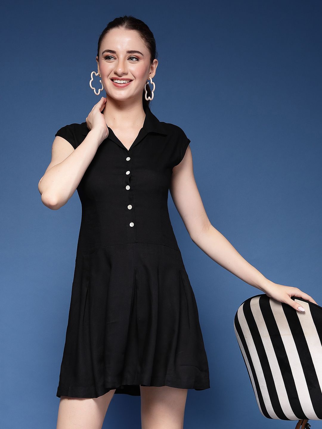 

GLAMALUE Women Shirt Collar A-Line Mini Dress, Black