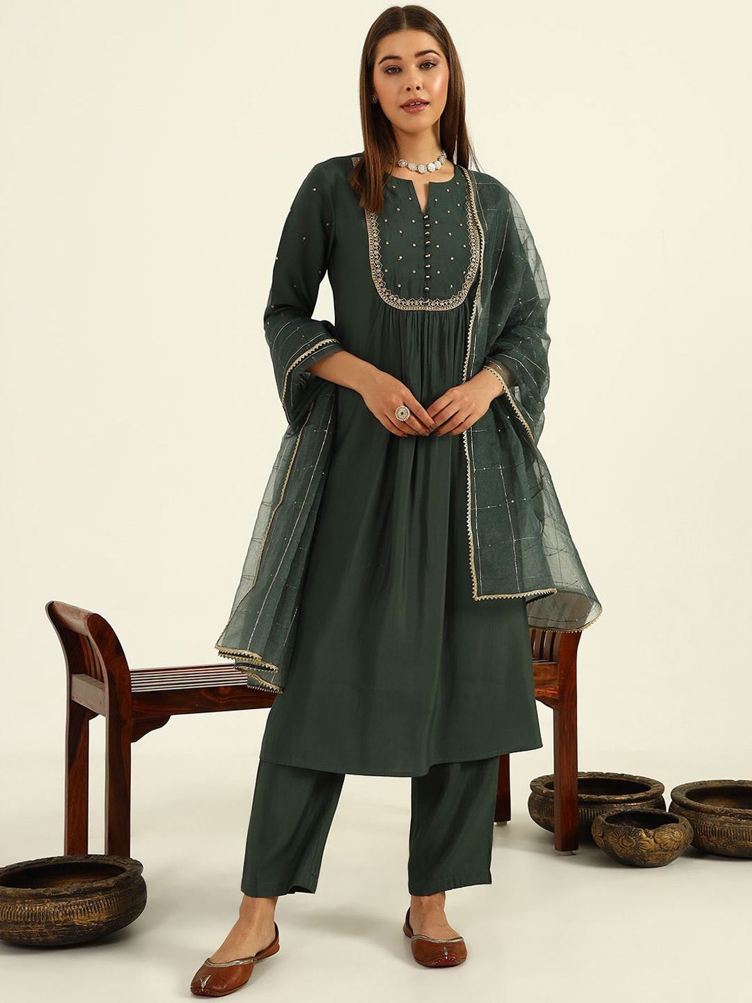 

FIORRA Ethnic Motifs Embroidered Regular Sequinned A-Line Kurta with Trousers & Dupatta, Green