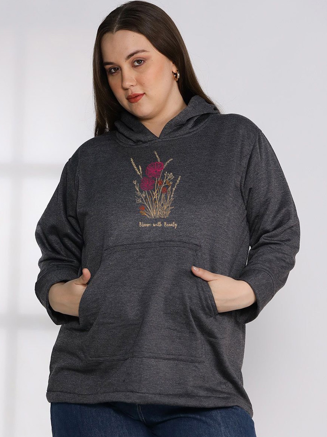 LetsDressUp Women Printed Hooded Sweatshirt, Grey