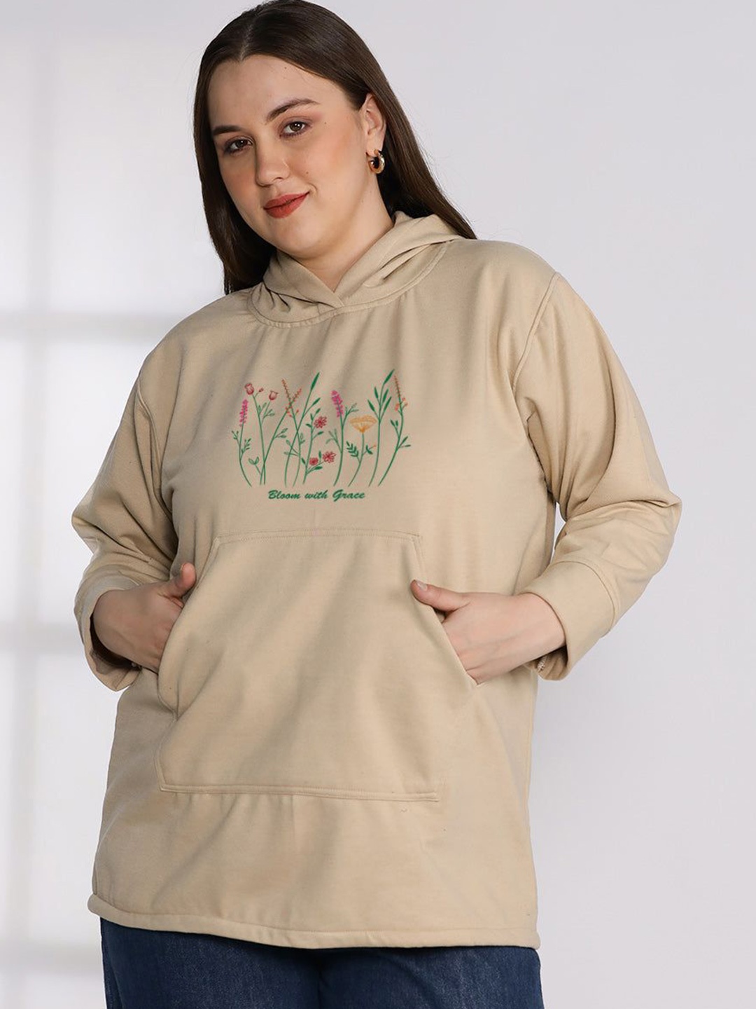 

LetsDressUp Women Floral Printed Hooded Sweatshirt, Beige