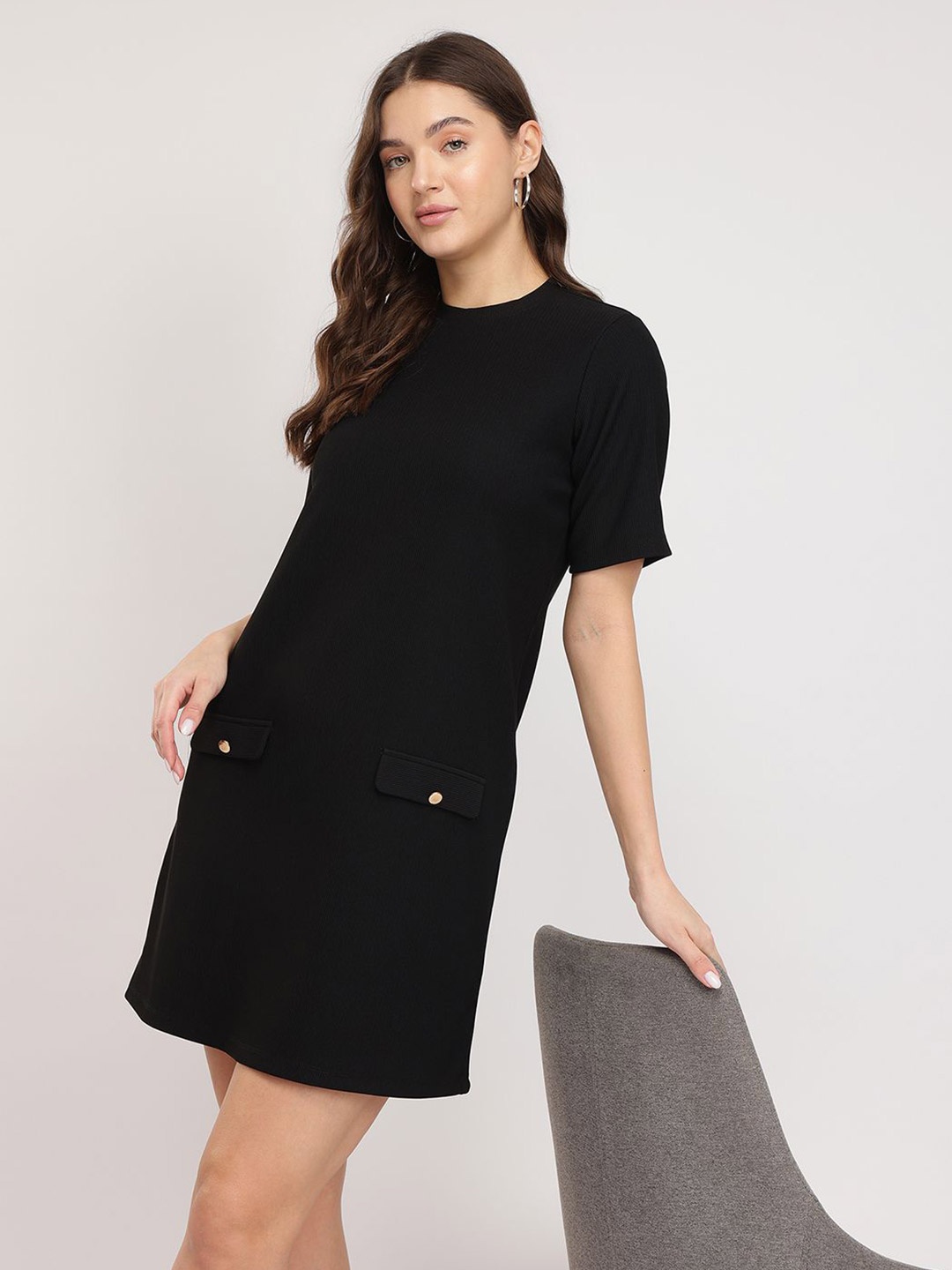 FableStreet Women Round Neck A-Line Dress, Black