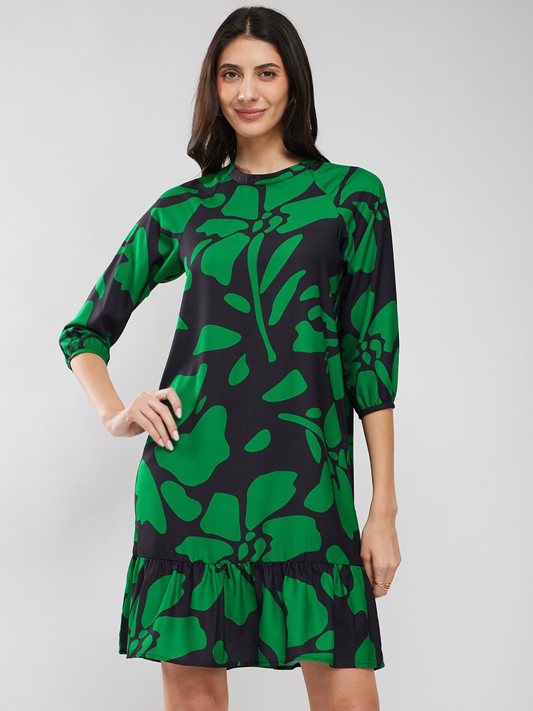 FableStreet Floral Printed A-Line Dress, Black