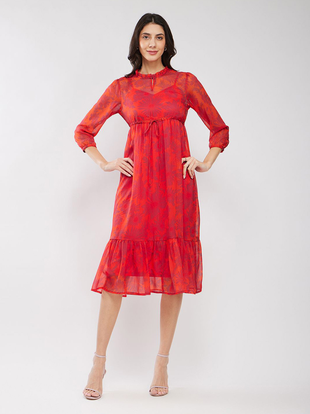 

FableStreet Floral Print Chiffon Blouson Midi Dress, Orange