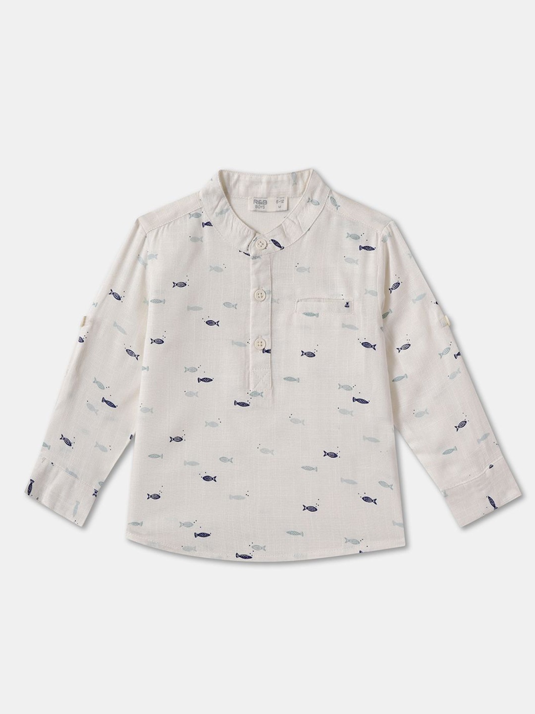 

R&B Boys Mandarin Collar Conversational Printed Cotton Casual Shirt, White