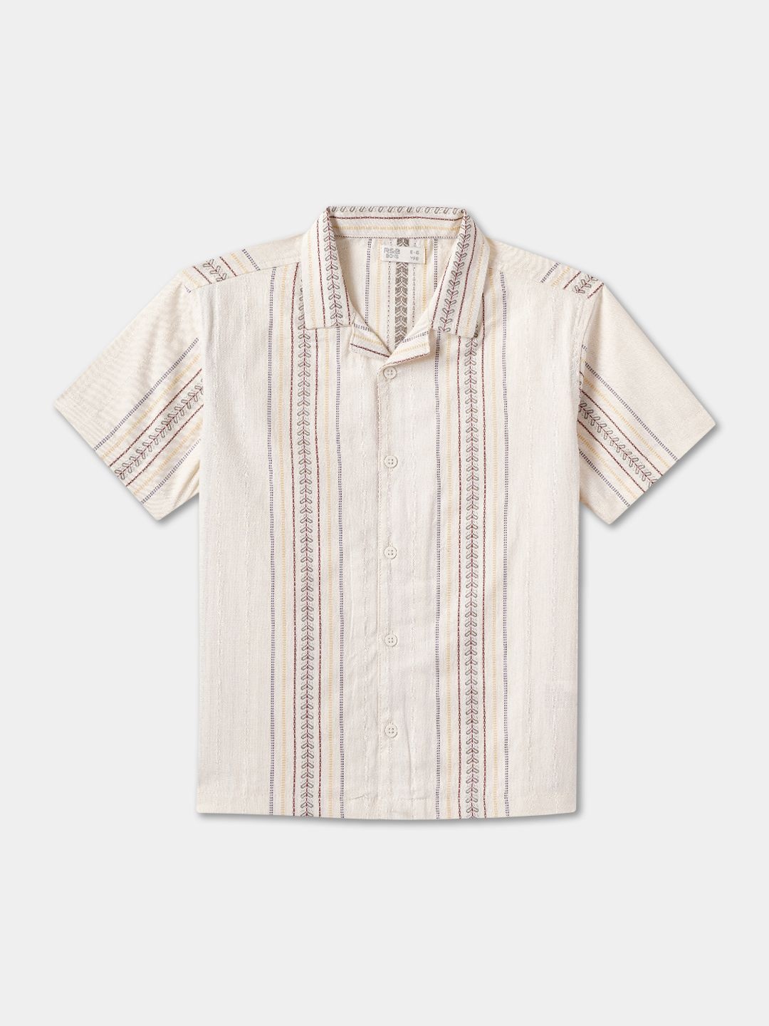 R&B Boys Cuban Collar Vertical Striped Cotton Casual Shirt, Off white