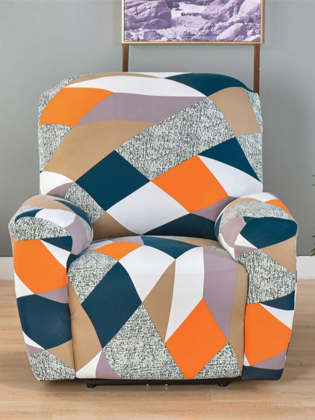 

HOUSE OF QUIRK Orange & Grey Printed Fitted 1 Seater Sofa Cover With Arms