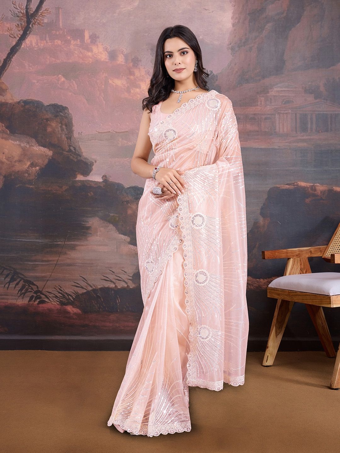 

House of Pataudi Ethnic Motifs Embellished Saree With Blouse Piece, Peach