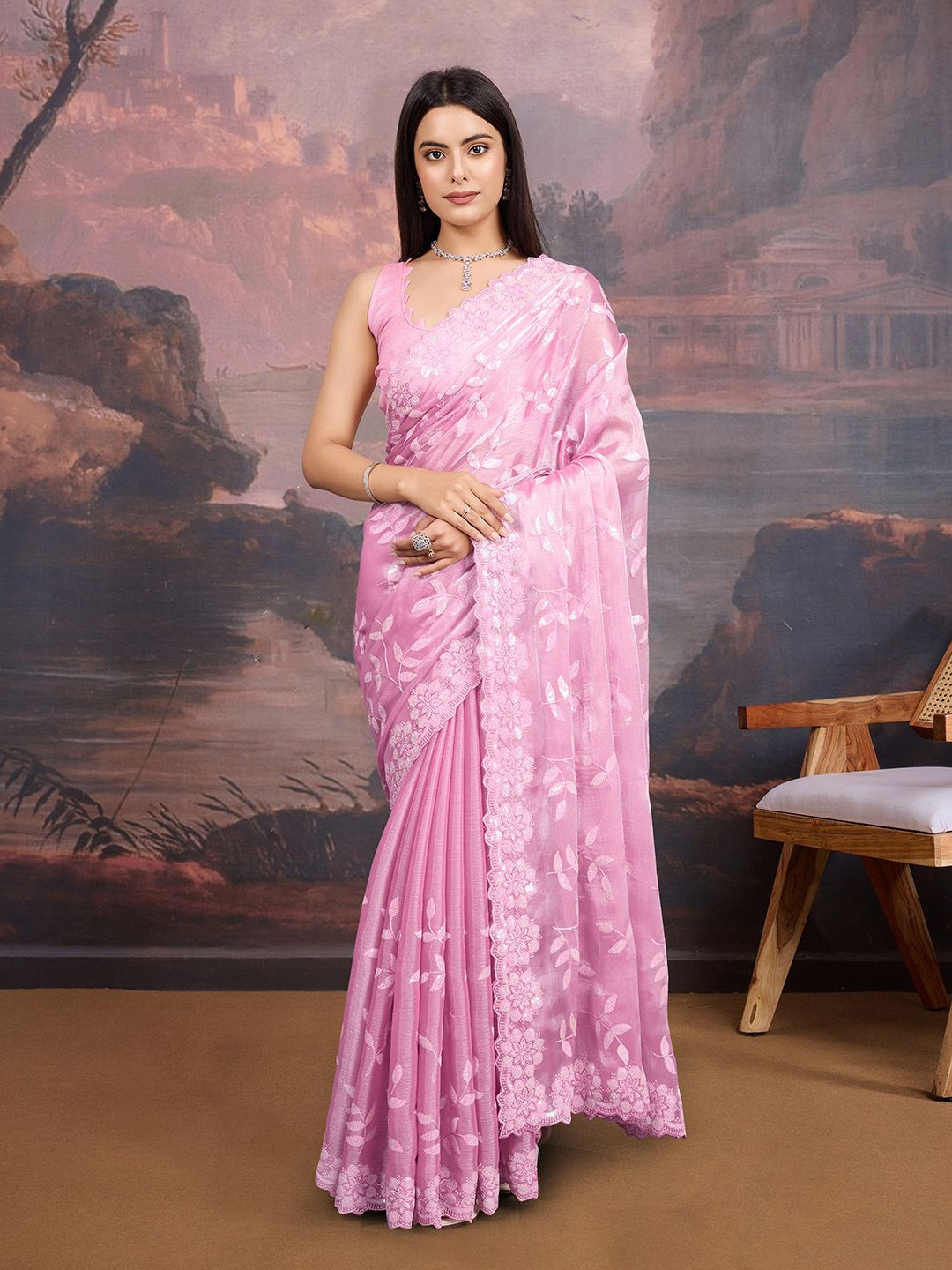 

House of Pataudi Embellished Saree With Blouse Piece, Pink