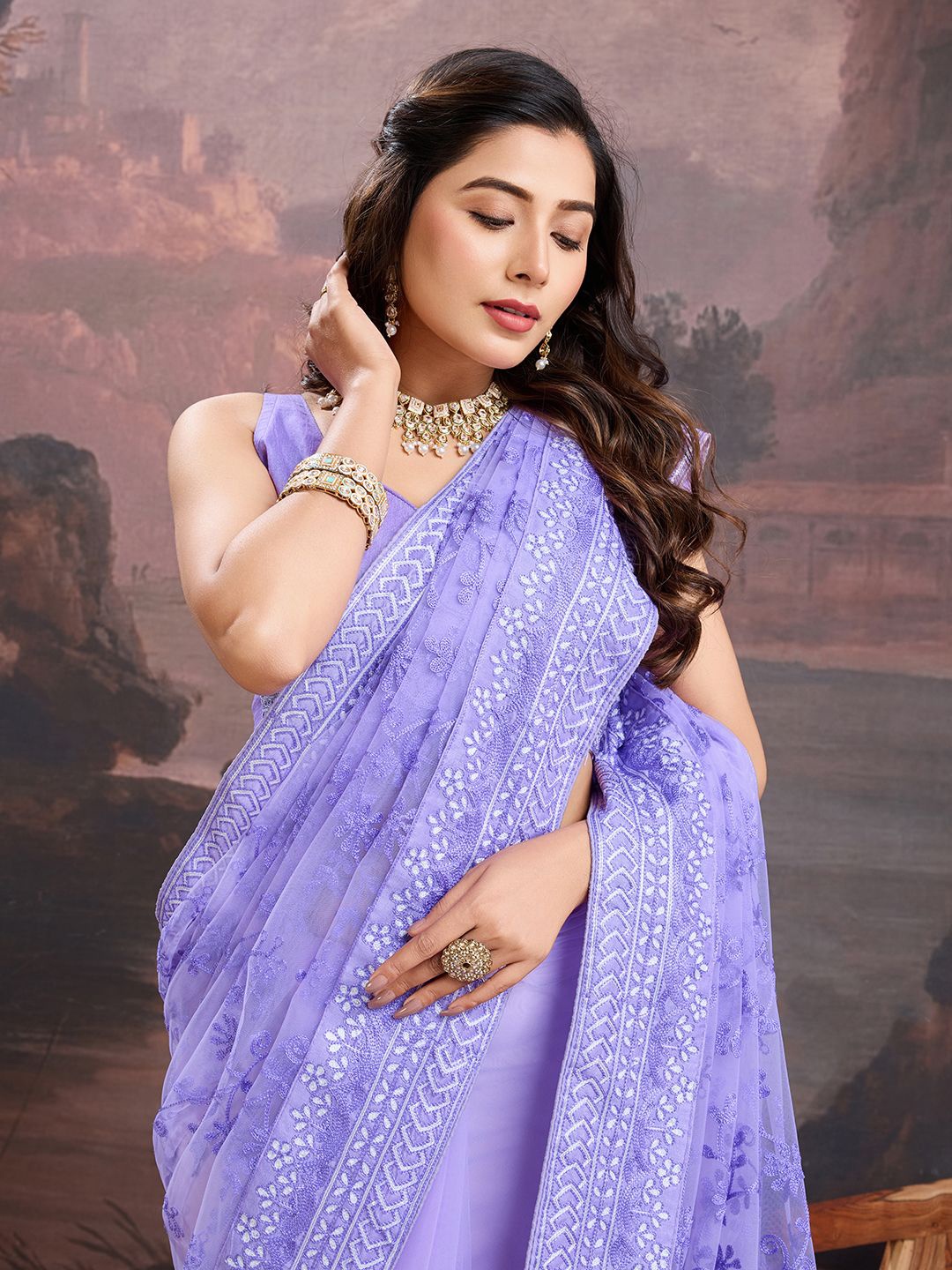 

House of Pataudi Women Embroidered Saree With Blouse Piece, Lavender