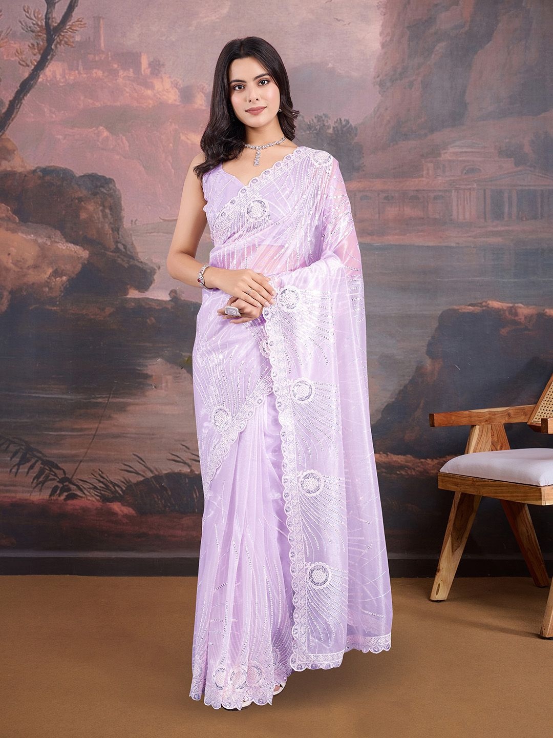 

House of Pataudi Embellished Saree With Blouse Piece, Lavender